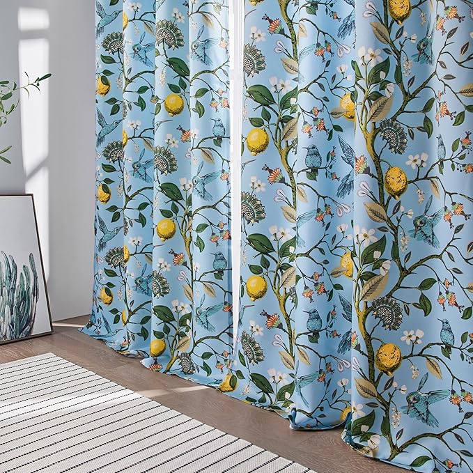 Topfinel Blue Patterned Curtains 2 Pages 96 Inches Long Blackout Heat Block Farmhouse Watercolor Floral Flower Hummingbird Printed Drapes Grommet Window Treatment for Living Room,96 Inch Length