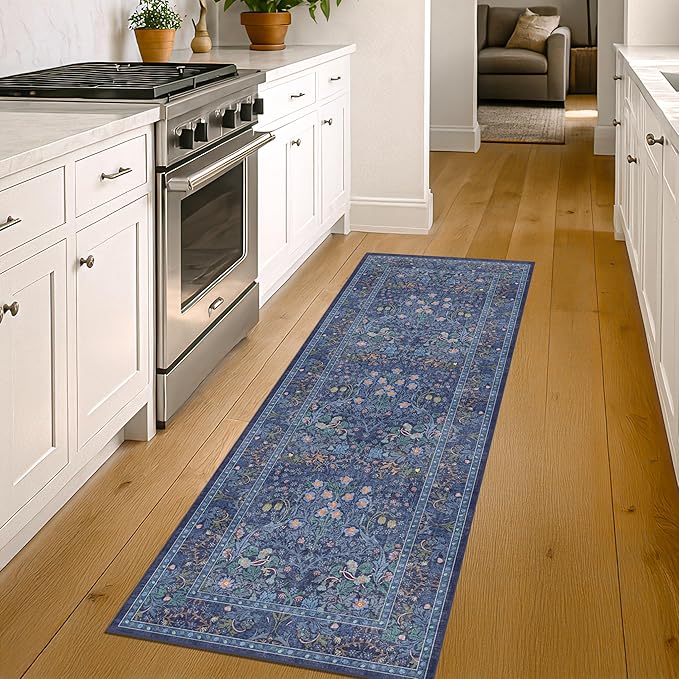 Hazo Haus Non Slip 2x10 Dark Blue Hallway Runner - 10ft Long Runner Rugs, Washable Kitchen Floor Mat - Vintage Navy Floral Design Décor