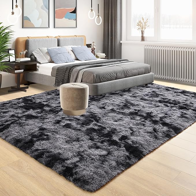 Tepook Area Rugs 9x12 for Living Room, Super Soft Fluffy Rugs for Bedroom, Modern Shaggy Rug Fuzzy Carpets for Kids, Plush Indoor Nursery Home Decor Rug with Non-Slip Bottom, Tie-Dyed Dark Grey