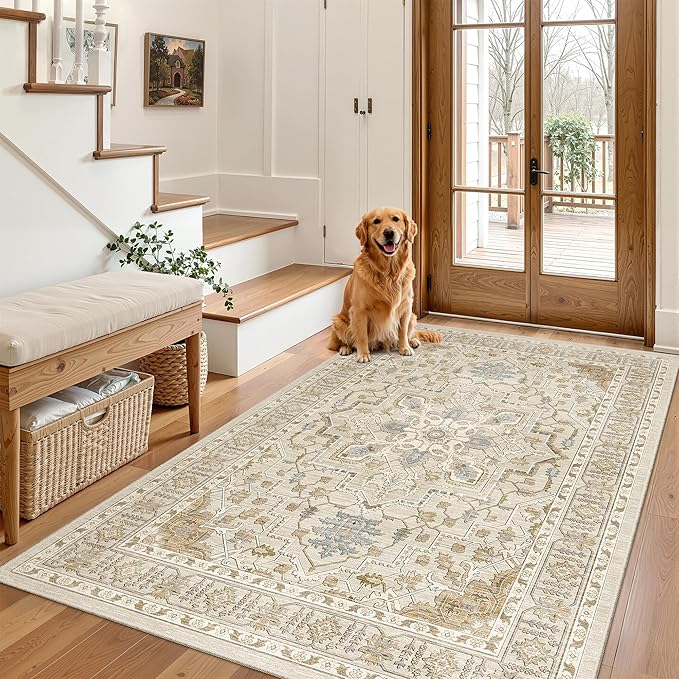 Madane Area Rug 4x6 Washable Rugs: Vintage Living Room Rug Soft Low Pile Non Slip Area Rugs Distressed Indoor Floor Carpet for Bedroom Kitchen Dining Room Home Decor, Beige/Blue