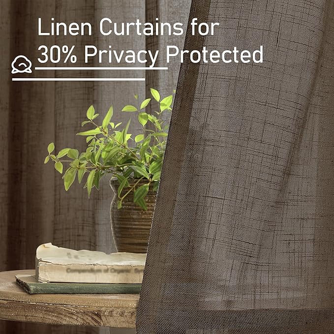 LAMIT Linen Curtains 60 Inch Length 2 Panels, Light Filtering Panels Back Tab and Rod Pocket Neutral Drapes for Bedroom/Window/Living Room, Dark Brown, 34 x 60 Inch