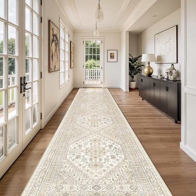 Washable Runner Rug 2.5x16, Non-Slip Long Kitchen Mats for Floor, Vintage Rug for Entryway, Soft Hallway Runner for Dining Room, Bedroom, Living Room(Cream/Beige,2.5'x16')