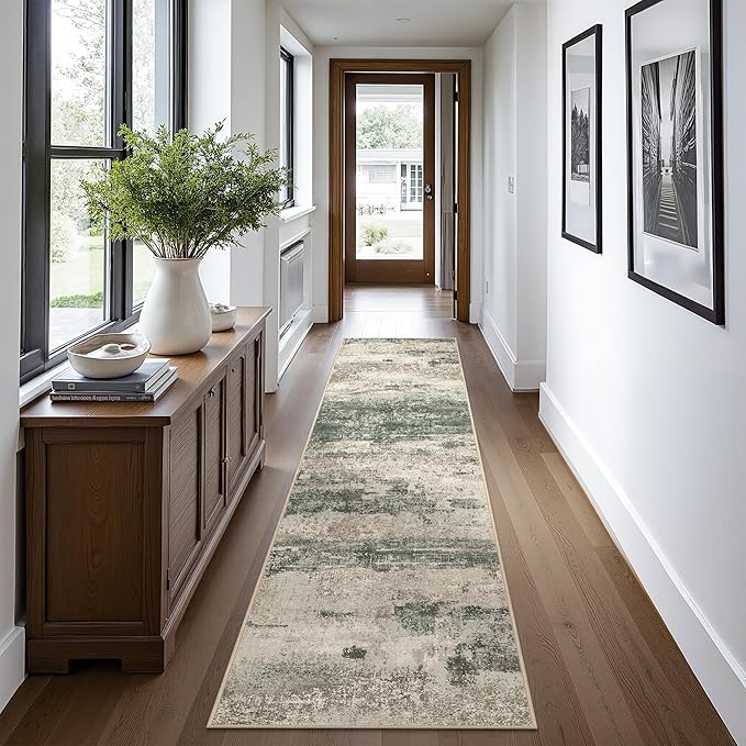 BEIMO Runner Rug for Hallway Kitchen, 2'6"x10' Machine Washable Runners Rug for Entryway, Soft Modern Abstract Throw Rugs, Low Pile Floor Cover with Non Slip Backing, Grey/Dark Green