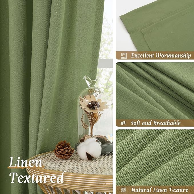 LAMIT Green Linen Curtains for Bedroom, Faux Linen Textured Light Filtering Drapes Rod Pocket Boho Neutral Room Decor Panels for Farmhouse/Living Room, 2 Panels, 52 x 72 Inch