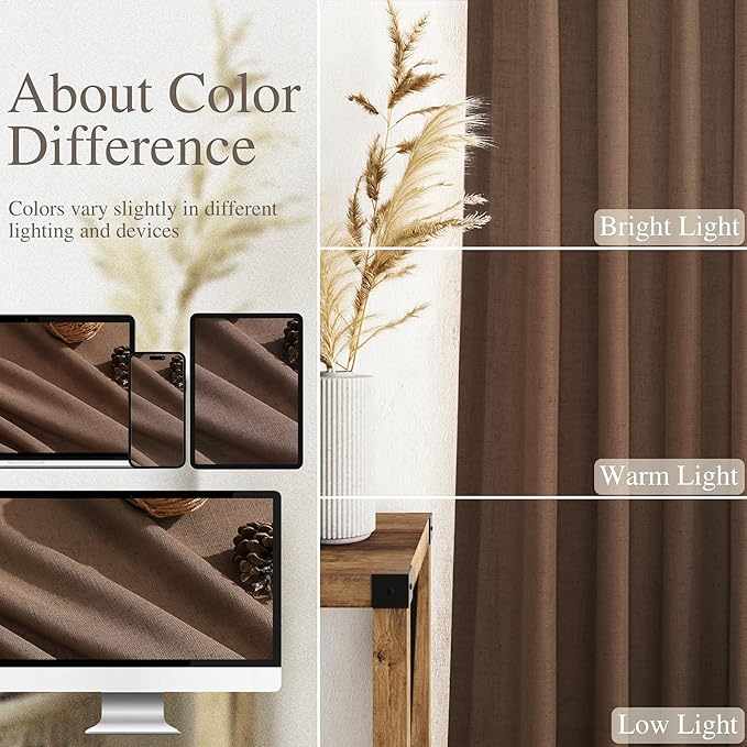 Extra Long Caramel Brown Linen Curtain 108 Inches Long 2 Panels Set Back Tab Linen Drapes for Living Room Modern Farmhouse Light Filtering Semi Sheer Curtains 108 Inch Length for Big Window 52x108