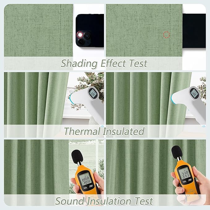Guken Light Sage 100% Blackout Linen Curtains 63 Inch Length 2 Panels Set for Living Room Bedroom Back Tab/Rod Pocket Thermal Insulated Black Out Drapes Room Darkening Farmhouse Window Curtains