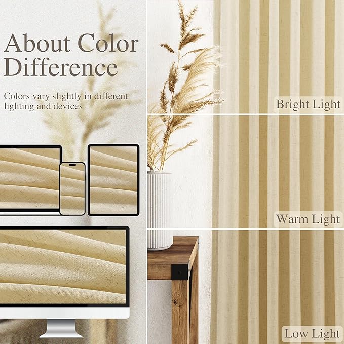 Nanspring Cream Yellow Linen Curtains 84 Inch Length for Living Room Modern Farmhouse Light Filtering Sheer Curtain Back Tab and Rod Pocket Privacy Drapes for Bedroom Office 52x84, 2 Panels