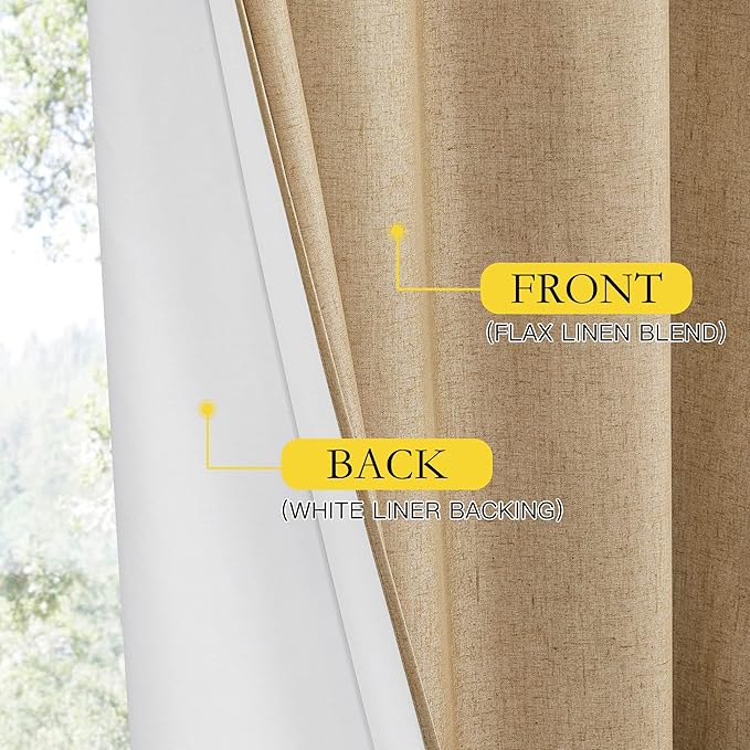 NICETOWN 100% Absolutely Blackout Linen Curtains with Thermal Insulated White Liner, Camel, W42 x L90, 2 Panels, Long Curtains 90 inch Length for Patio Door, Doorway, Office, Overnight Shiftworker