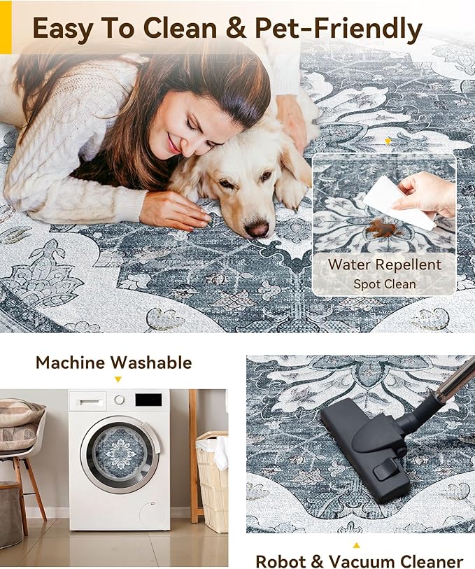 RELEANY Area Rugs 5ft Washable Non-Slip, Floral Vintage Distress Print Pattern Medallion Carpet for Living Room Bedroom Dining Room, Light Gray Grey White