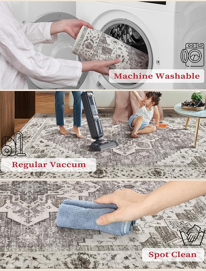 SERISSA Boho Washable Runner Rug, 2'6"x8' Non-Slip Vintage Earth Tone Hallway Kitchen Runner Rug Ultra Soft Print Distressed Floor Carpet for Bedroom Bathroom Laundry Room