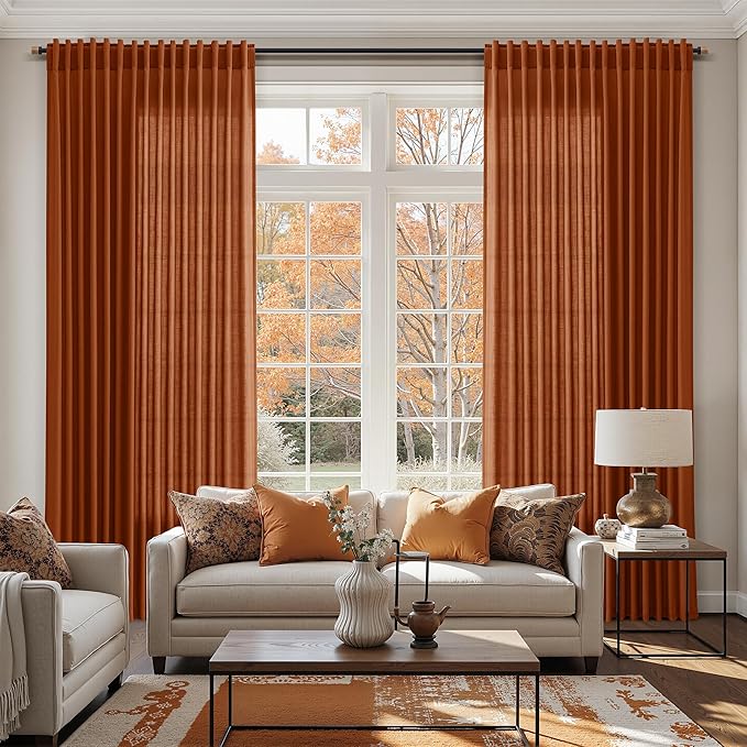 Rust Linen Curtains for Living Room 120 Inches Long Light Filtering Semi Sheer Curtain Back Tab Vintage Rustic Decor Extra Long Floor to Ceiling High Window for Bedroom Office 52x120, 2 Panels