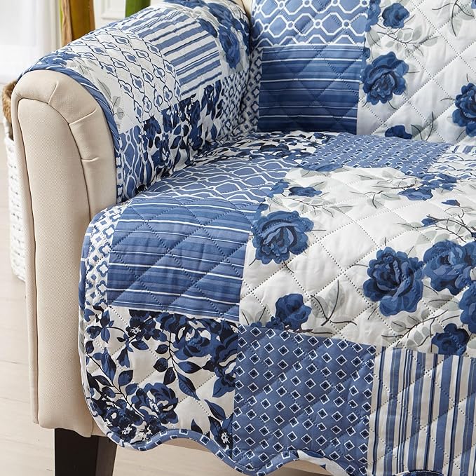 Great Bay Home Reversible Patchwork Sofa Cover - Washable Slipcover Furniture Protector with Elastic Straps - Perfect for Kids & Pets - Box-Stitched Detail (Navy)