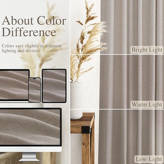 Nanspring Stone Beige Linen Curtains 96 Inches Long for Living Room Simple Modern Luxury Light Filtering Semi Sheer Curtain Back Tab Farmhouse Decor Drapes for Bedroom Office 52x96, 2 Panels
