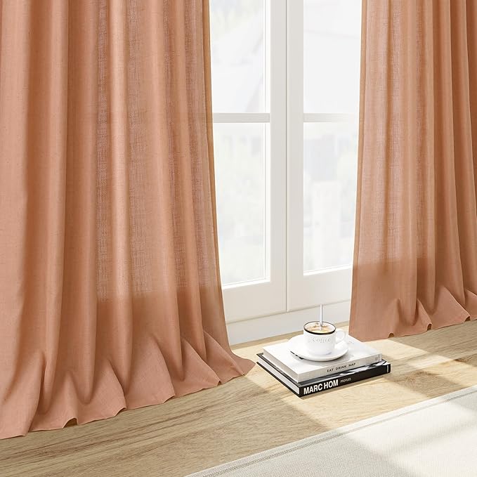 Nanspring Peach Quartz Linen Curtains 120 Inch Length 2 Panel Set Back Tab Loop Pocket Light Filtering Semi Sheer Boho Decor Curtains Extra Long for High Ceiling Living Room and Large Window 52x120