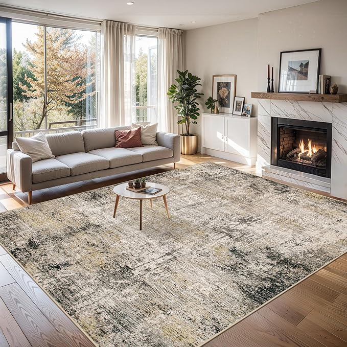 Area Rugs 10x14 Living Room - Washable Rug Modern Abstract Soft Large Neutral Non-Slip Carpet Indoor Floor Thin Carpets for Bedroom Dining Room Farmhouse Nursery Home Office Brown Black Grey
