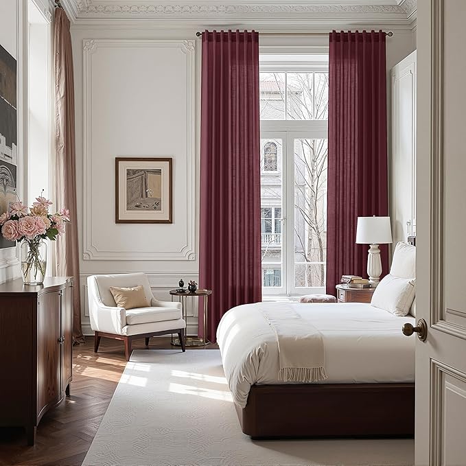 Nanspring Burgundy Linen Curtains 80 Inch Length for Living Room Light Filtering Semi Sheer Curtain Back Tab Vintage Boho Decor Elegant Luxury Drapes for Bedroom Dinner Room 52x80, 2 Panels