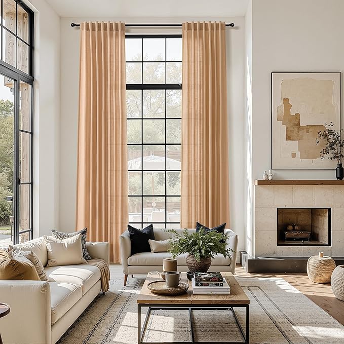 Nanspring Camel Linen Curtains for Living Room 94 Inches Long Back Tab and Rod Pocket Light Filtering Semi Sheer Vintage Rustic Curtain Luxury Boho Decor Drapes for Bedroom Office 52x94, 2 Panels
