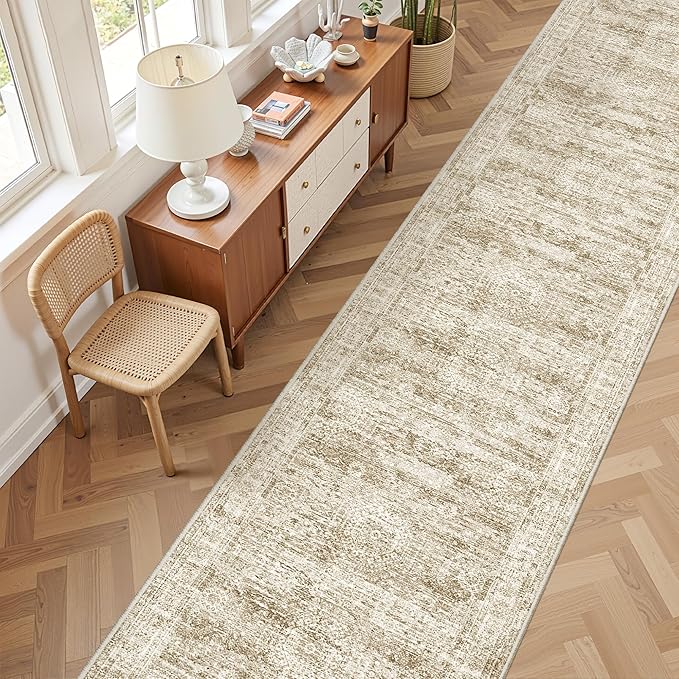 Washable Runner Rug 2.5x16, Non-Slip Long Hallway Runner for Entryway, Soft Vintage Kitchen Mats for Floor, Abstract Dining Room, Bedroom, Living Room Rugs(2.5'x16', Brown/Ivory)