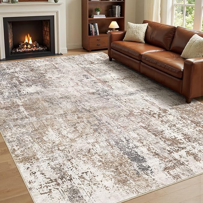 UERMEI Area Rug Living Room Rugs - Washable Neutral Modern Abstract Soft Thin Rug Indoor Floor No Slip Rug Carpet for Bedroom Under Dining Table Home Office Decor - Brown/Grey/Red - 10x12