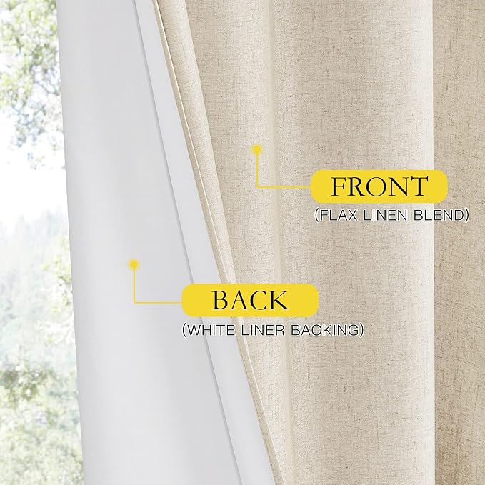 NICETOWN 100% Absolutely Blackout Linen Curtains with Thermal Insulated White Liner, 52" Wide, 2 Panels, 72 inches Long Drapes, Grommet Retro Beige Linen Curtains Vertical Drapes Privacy for Bedroom
