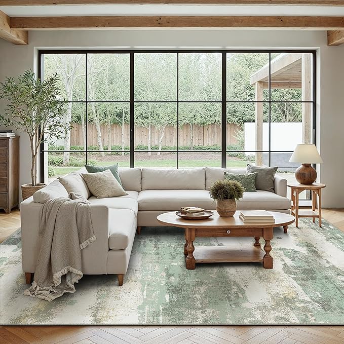 BEIMO Area Rugs 9x12 for Living Room Bedroom, Modern Abstract Machine Washable Large Light Green Rug Soft Rug, Low Pile Floor Carpet with Non Slip Backing for Dining Room