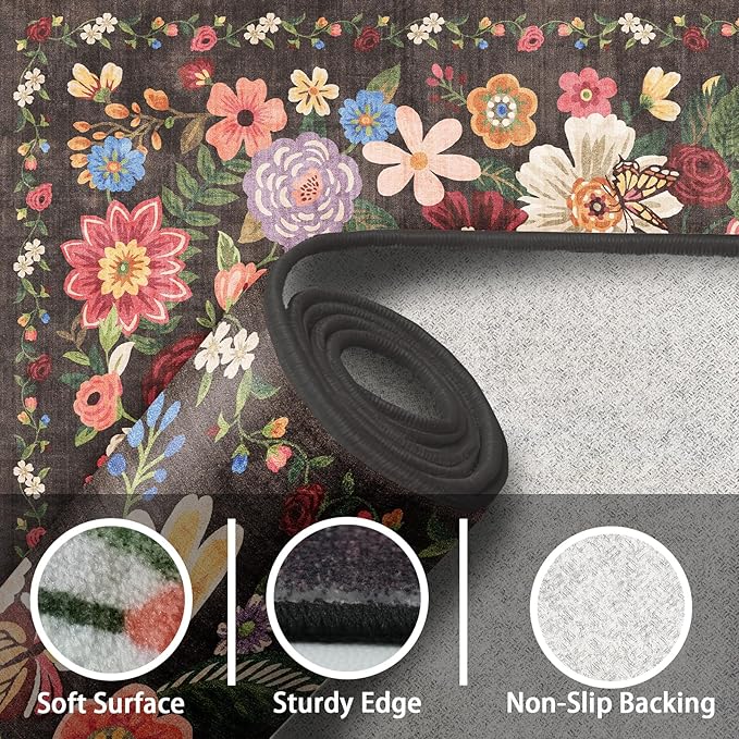 Floral Machine Washable Rug Black/Brown, 3x5 Rug Non Slip Soft Bedroom Rugs for Entryway Dorm, Ultra-Thin Rugs for Bedroom Stain Resistan(3 x 5, Black/Brown)