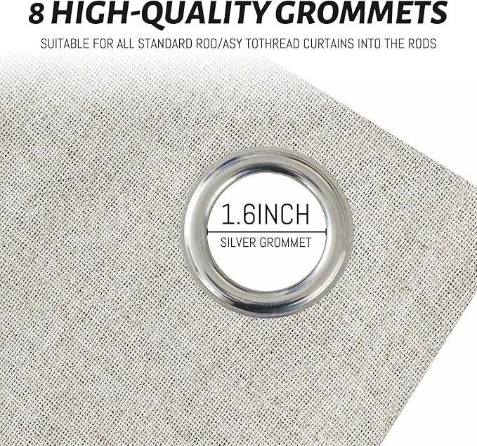 Yakamok Oatmeal Linen Curtains 100% Blackout 63 Inches Long,Room Darkening Textured Curtains for Living Room Thermal Grommet Bedroom Curtains 2 Panels with White Liner