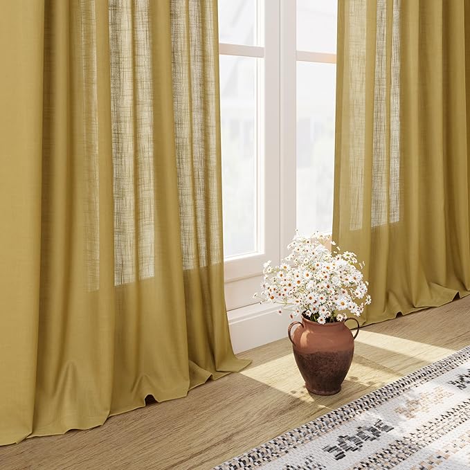Gold Linen Curtains 63 Inches Long 2 Panel Sets for Living Room Bedroom Rod Pocket Back Tab Light Filtering Drape for Kitchen Window Short Protect Privacy Curtain Modern Farmhouse Decor 52x63