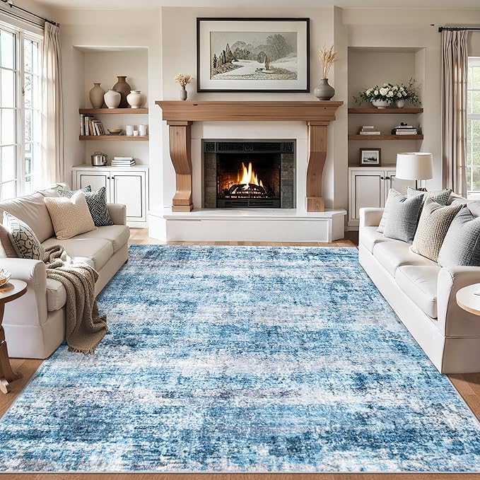 Area Rugs 10x14 Living Room - Washable Rug Modern Abstract Soft Large Neutral Non-Slip Carpet Indoor Floor Thin Carpets for Bedroom Dining Room Farmhouse Nursery Home Office Blue Grey