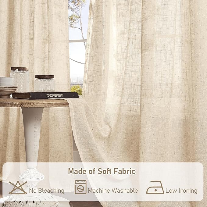 LAMIT Light Filtering Linen Curtains 84 inches Long for Bedroom, Linen Textured Semi Sheer Back Tab and Rod Pocket Natural Boho Drapes for Living Room/Farmhouse, 2 Panels, Linen, 42 x 84 Inch
