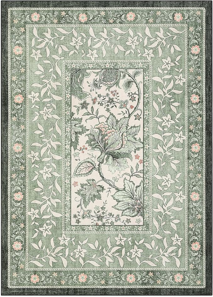 GarveeHome Provence Sage Green Area Rugs 10x13 Living Room, Botanical Grove Sage Green Cottagecore Washable Non-Slip Rug for Bedroom Dining Nursery Low-Pile Vintage Large Soft Carpet