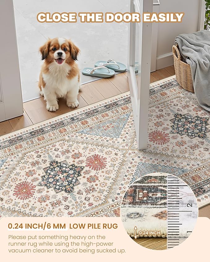 Runner Rug 2x6, Non Slip Washable Rugs for Laundry Room, Runners for Hallways, Low Pile Vintage Soft Rugs for Living Room, Kitchen Bathroom,Bedroom Rug(Blue/Red/Multi,2'x6')
