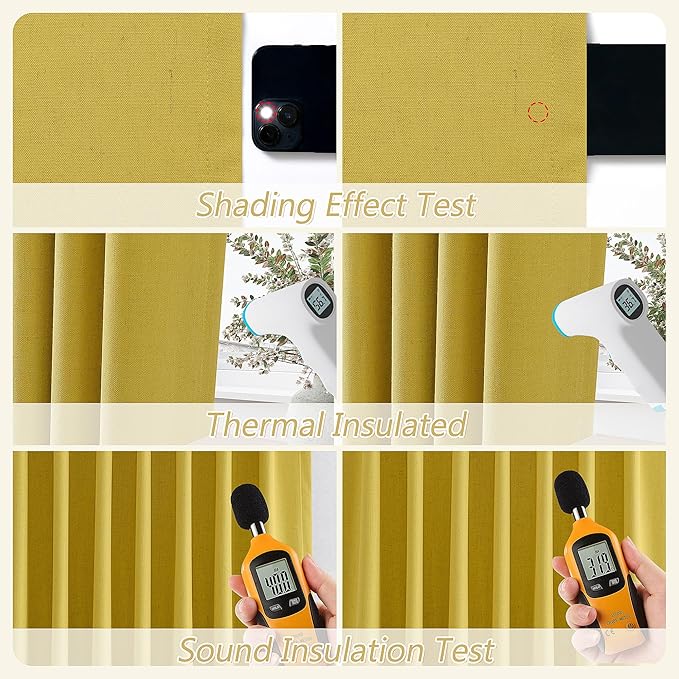 Guken 100% Blackout Curtains 96 Inch Length 2 Panels Set for Living Room Bedroom Back Tab Thermal Insulated Black Out Linen Drapes Room Darkening Celery Yellow,52x96