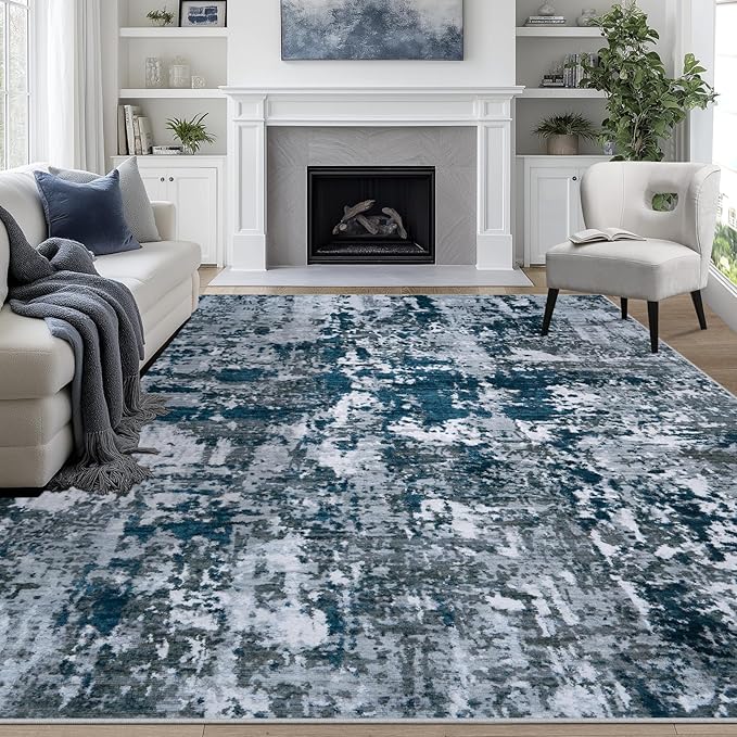 9x12 Area Rugs for Living Room Rug Washable: Abstract Large Rug for Dining Room Bedroom Carpet Non Slip 9 by 12 Indoor Modern Nursery Home Office Navy Grey