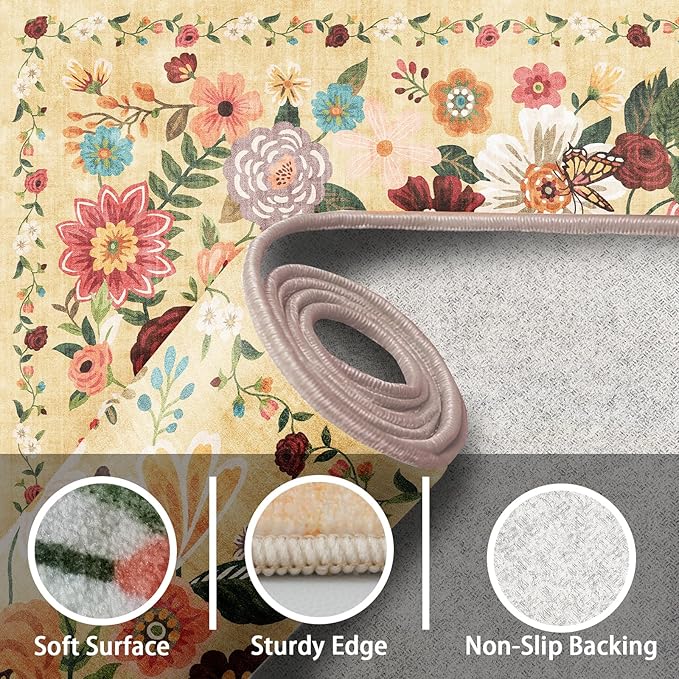 Area Rugs 10x14 Living Room, Non Slip Machine Washable Floral Rugs, Low Pile Lightweight Large Rug for Bedroom, Dining Room, Home Office(10 x 14, Yellow Garden)