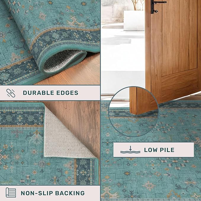 Washable 10x14 Teal Boho Living Room Rug - Geometric Floral Design Area Rug for Dining Room, Non Slip Soft Carpet for Large Bedroom, Low Pile & Stain Resistant Mats