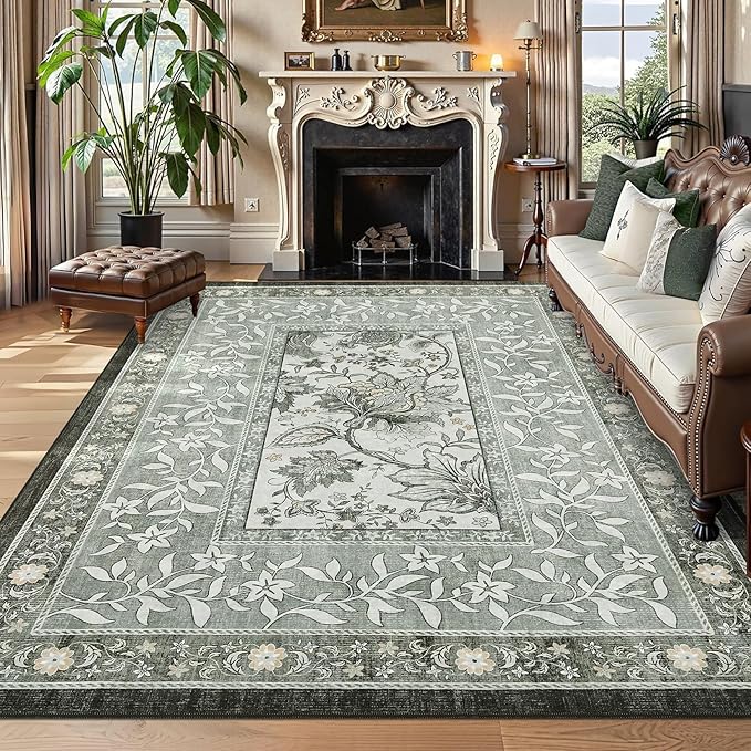 GarveeHome Provence 6x9 Area Rugs, Botanical Grove Soft Cottagecore Non-Slip Washable Rug for Bedroom Living Room Nursery Kitchen Low-Pile Retro Carpet Gray Fog Green