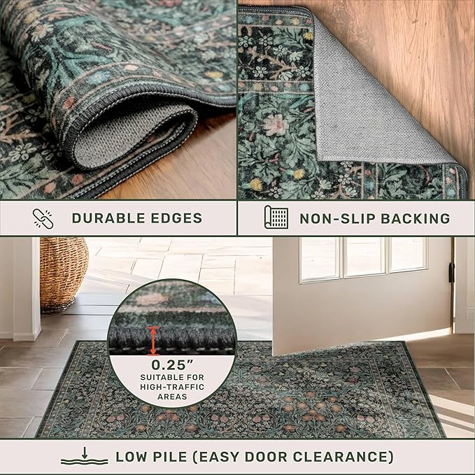 Washable Dark Green Rug for Living Room - 9x12 Large Area Rug for Dining Room Under Table, Bedroom, Soft Low Pile Non-Slip Stain Resistant Carpet - Vintage Floral Design (9x12 Dark Green)
