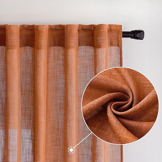 MIULEE Orange Curtains 90 Inch Length 2 Panels for Bedroom Living Room, Soft Thick Linen Textured Window Drapes Semi Sheer Light Filtering Back Tab Rod Pocket Burlap Look Fall Boho Decor