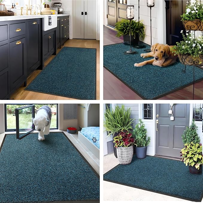 Mibao Front Door Mat, Dirt Trapper Welcome Mat for Outdoor Indoor, Non-Slip Waterproof Doormat, Durable Machine Washable Low Profile Entry Rug for Back Door Outside Patio Porch, 48" x 24", Blue
