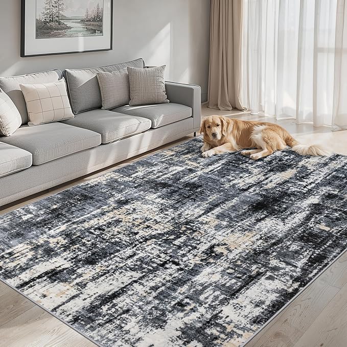 Area Rugs 10x12 Living Room - Washable Rug Modern Abstract Soft Large Neutral Non-Slip Carpet Indoor Floor Thin Carpets for Bedroom Dining Room Farmhouse Nursery Home Office Black Gold