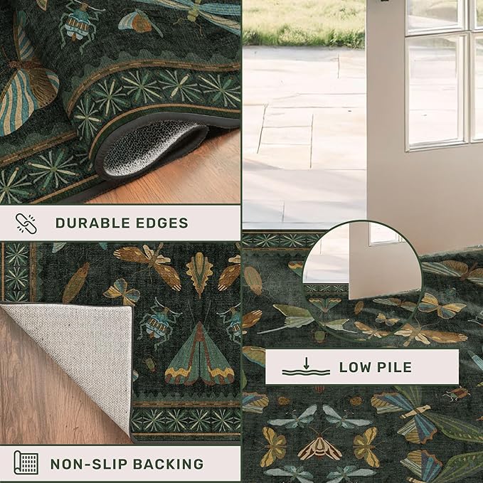 Hazo Haus Insect 2x7 Stain Resistant Kitchen Runner Rugs, Vintage Bathroon Rug Non Skid, Low Pile & Soft Non Slip with Rubber Backed, Dark Green Boho Room Decor for Bedroom