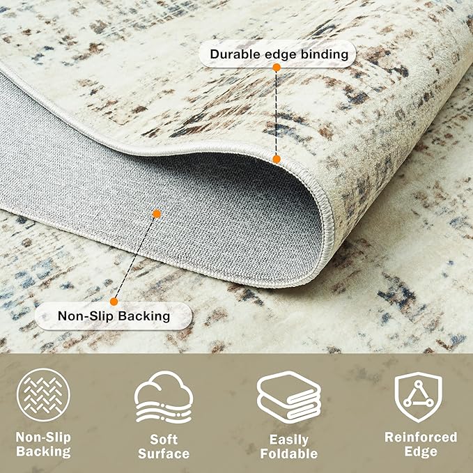 8x10 Area Rugs for Living Room Washable Rug: Anti-Skid Abstract Modern Living Room Rug Soft Thin Carpets Indoor Floor Non-Shedding Carpet for Bedroom Dining Farmhouse Nursery Gray White Blue