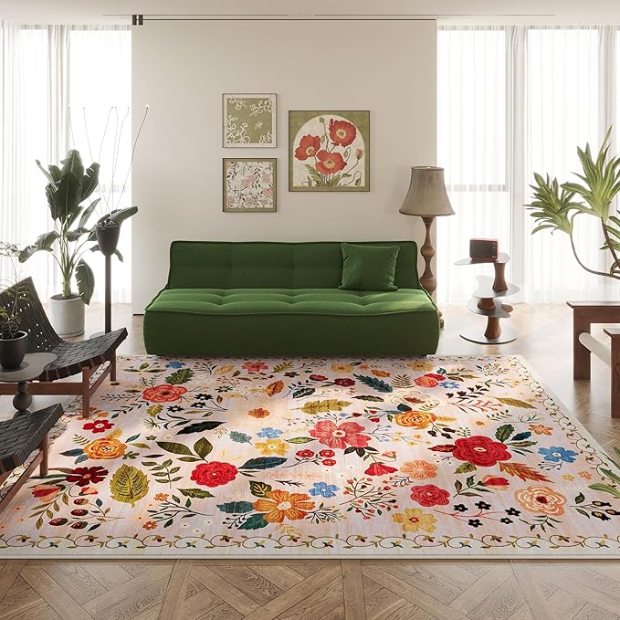 Rugcomf Area Rugs 8x10 Rug for Living Room Clearance Washable Boho Area Rug Non Slip Floral Vintage Low Pile Large Rug for Living Room, Bedroom, Farmhouse, Dining Room, Kids Playroom(Beige)
