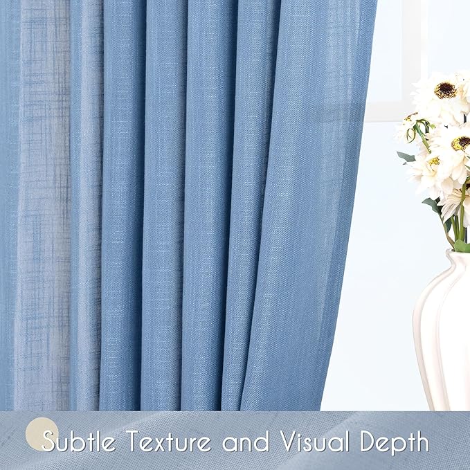 Denim Blue Curtains for Living Room Back Tab Modern Farmhouse Semi Sheer Blue Curtains 100 inches Long 2 Panels Set Muted Neutral Window Curtain for Dining Room Bedroom 52x100