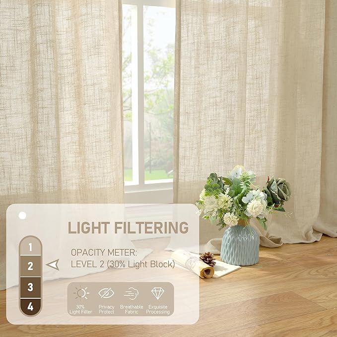 LAMIT Light Filtering Linen Curtains 68 inches Long for Bedroom, Faux Linen Textured Semi Sheer Back Tab and Rod Pocket Boho Modern Drapes for Living Room/Farmhouse, Linen, 2 Panels, 52 x 68 Inch