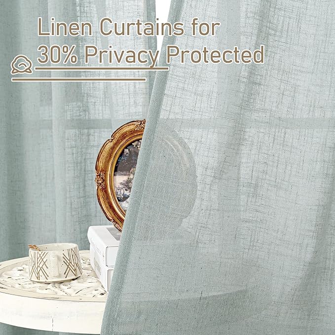 LAMIT Faux Linen Curtains 63 inches Long for Bedroom, Back Tab and Rod Pocket Linen Drapes Light Filtering Semi Sheer Curtains for Small Window/Farmhouse, 2 Panels (52 x 63 Inch, Greyish Blue)