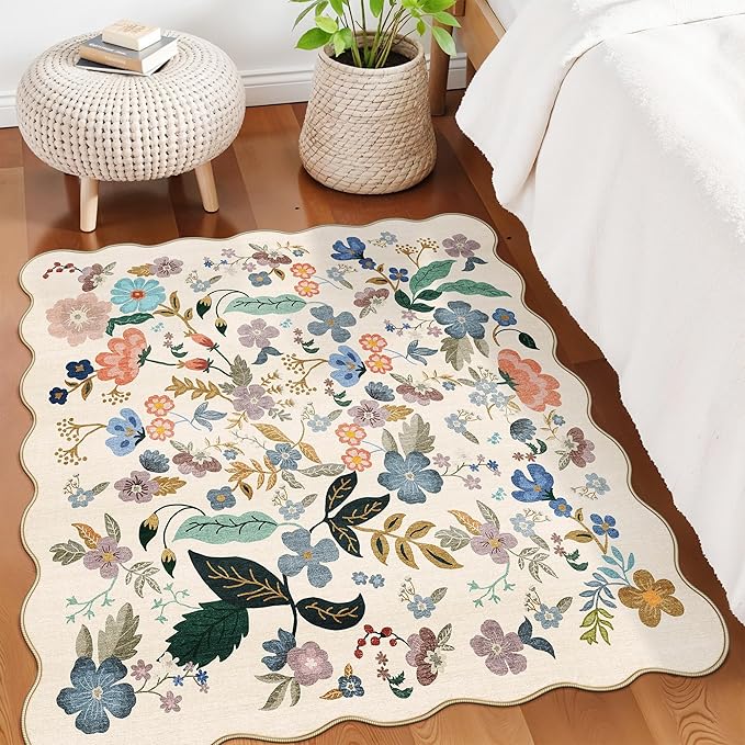 Washable 4x4 Square Area Rug: Floral Scalloped Soft Rugs for Living Room Bedroom Non Slip Bathroom Nursery Floor Mat Water Resistant Low Pile Carpet for Kitchen Entryway (4x4,Cream)