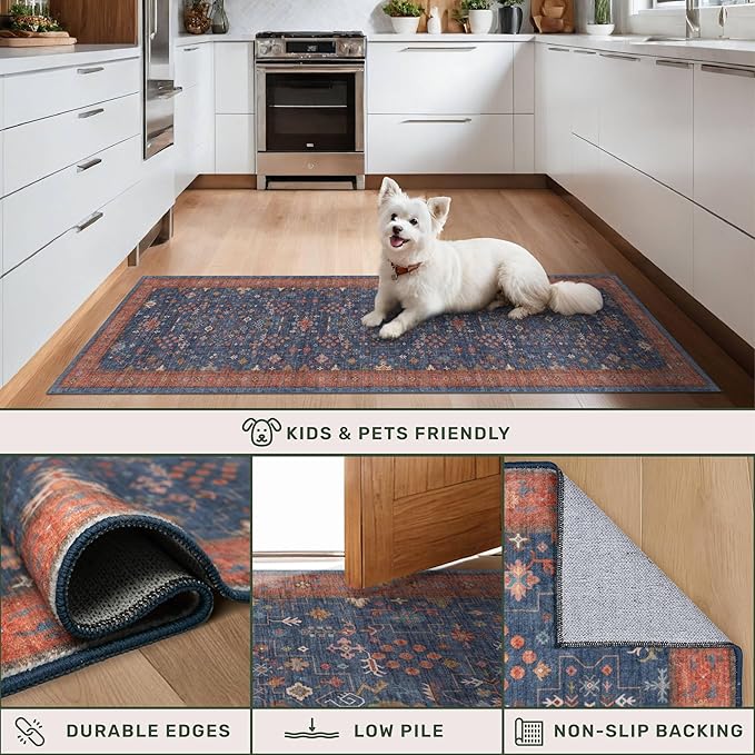 Hazo Haus Dining Room Rugs for Under Table - 7x9 Washable Area Rug for Living Room, Low Pile Non-Slip Rugs for Bedroom - Navy Blue Vintage Boho Unique Home Decor