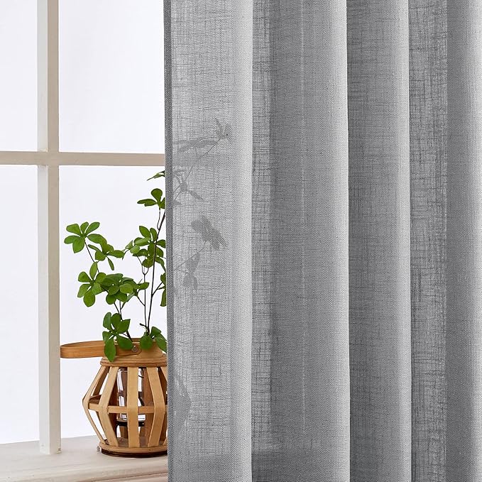MIULEE Grey Linen Curtains 96 Inch Long for Bedroom Living Room, Soft Thick Linen Textured Window Drapes Gray Semi Sheer Light Filtering Back Tab Rod Pocket Burlap Look Decor, 2 Panels